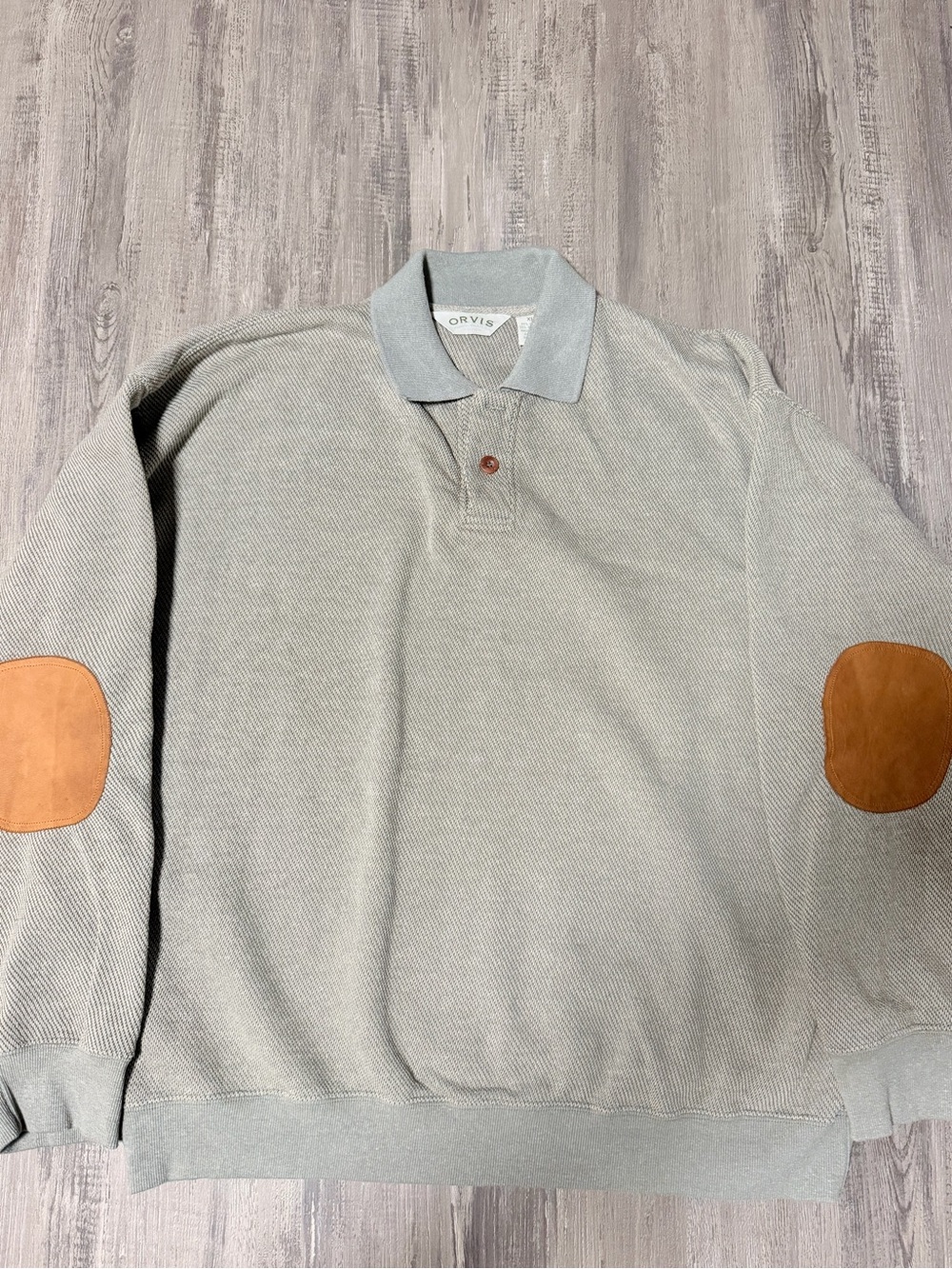 Orvis Men's XL Gray Solid Cotton Blend Long Sleeve Polo Collared Elbow Patch